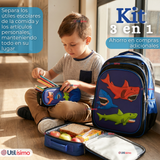 Mochila Escolar Con Ruedas + Estuche + Lonchera 46cm Desmontable Poliéster Azul Tiburón Niño