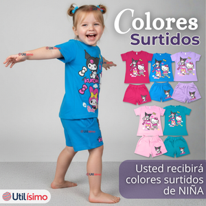 Pack 3 Conjunto Sanrio 100% Algodón Polera Pantalón Corto Niña Kuromi Hello Kitty My Melody