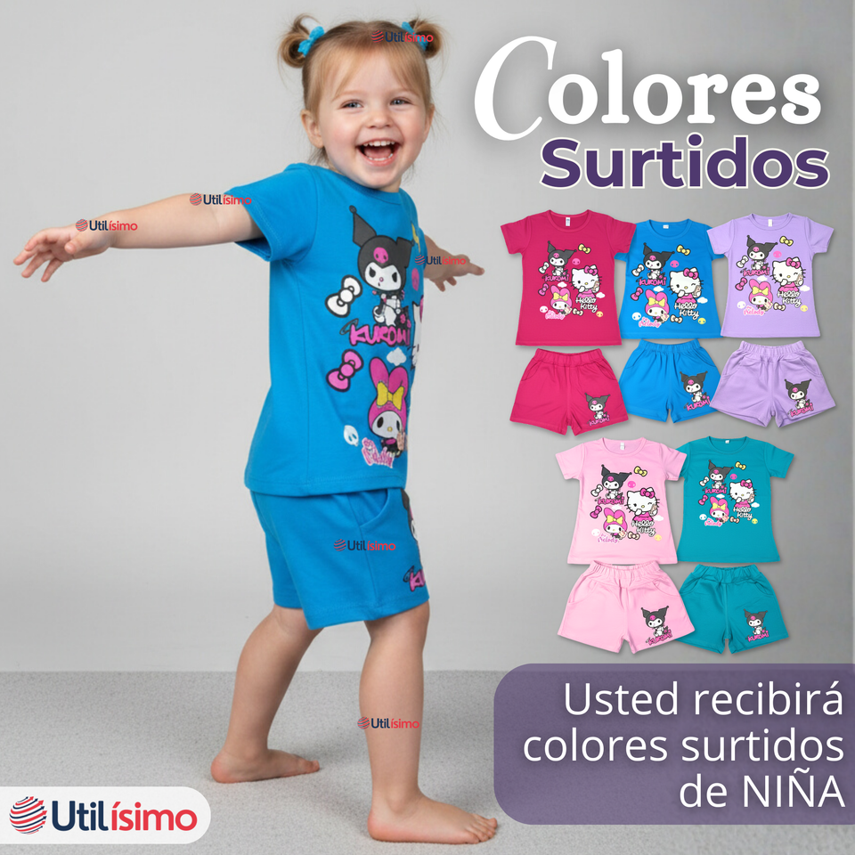 Conjunto Sanrio 100% Algodón Polera Pantalón Corto Niña Kuromi Hello Kitty My Melody