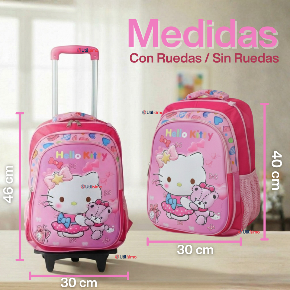 Mochila Escolar Hello Kitty Teddy Con Ruedas Desmontables + Estuche + Lonchera Niña Poliéster