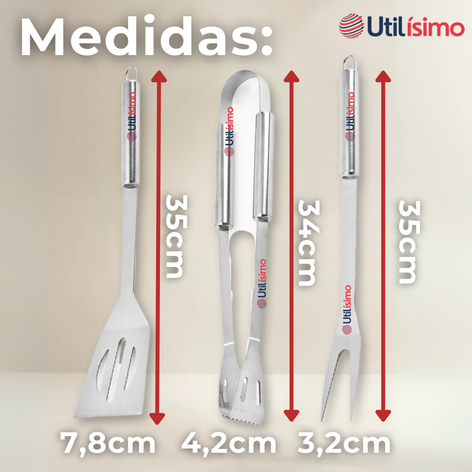 Kit Parrillero 3 Piezas Pinza Espátula Tenedor Para Asados Acero Inoxidable