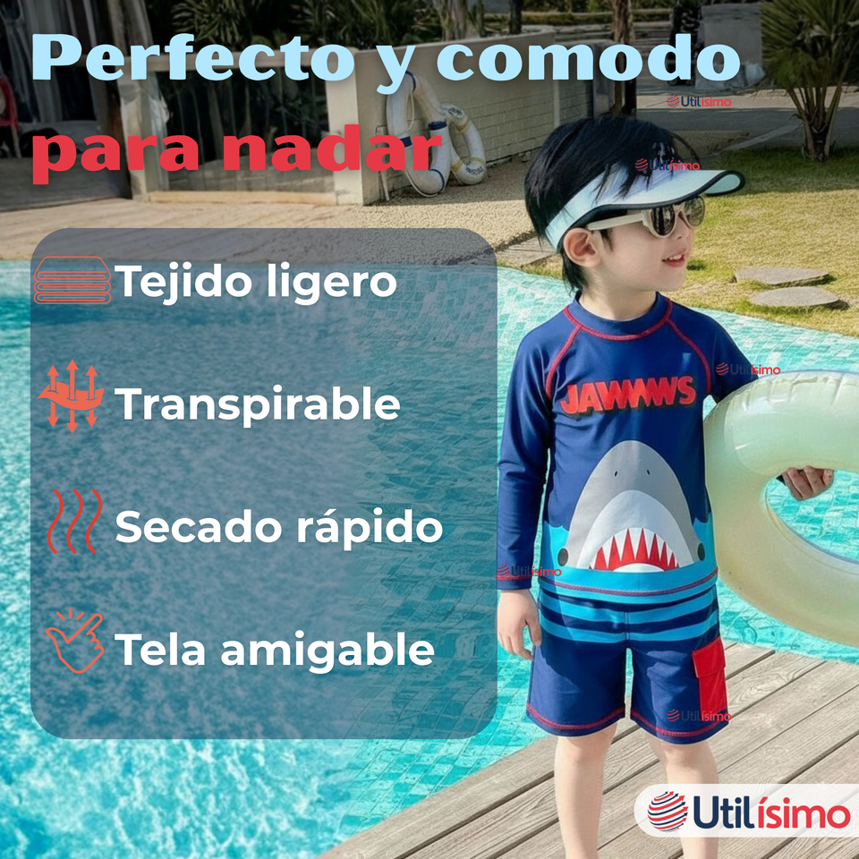 Traje De Baño 2 piezas Manga Larga y Pantalón Corto Niño de 3 a 11 años Blue Shark