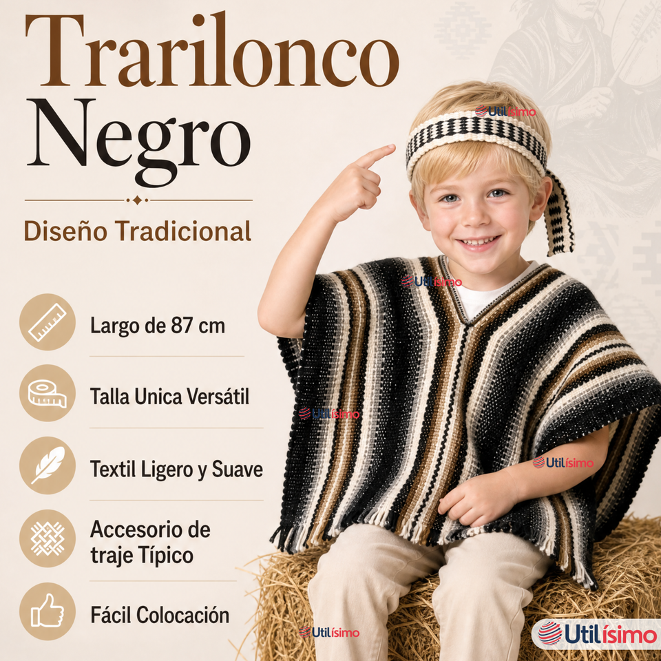 Pack 3 Trariloncos Cintillos Mapuches Negro 87cm Fechas Patrias