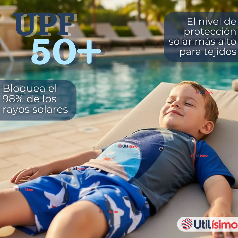 Traje de Baño Pantalón Corto Manga Corta 2 Piezas Corte Split Niño 2 a 4 años Blue Shark