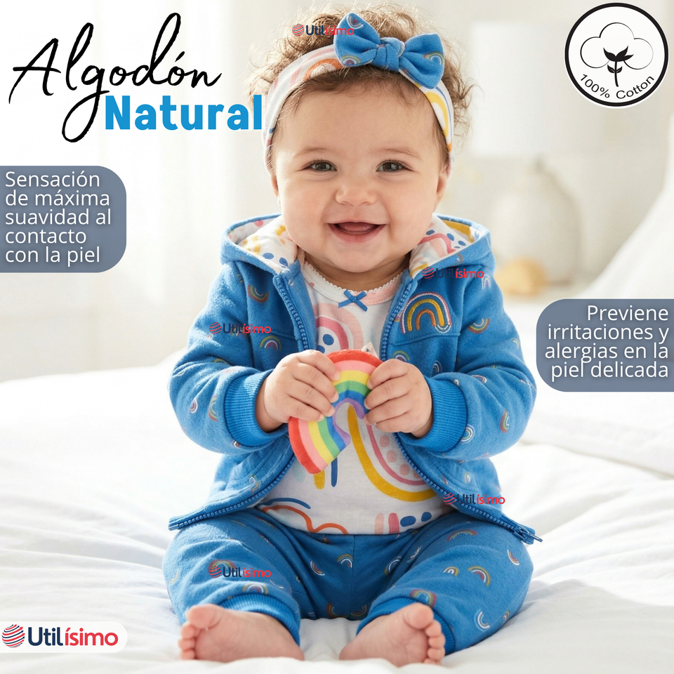 Conjunto 3 Piezas Buzo Pantalón Polerón Body De Algodón Azul Arcoiris Bebé Niña