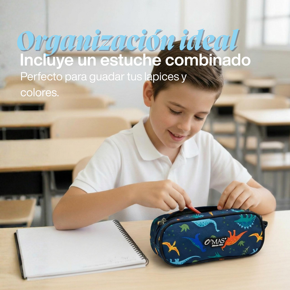 Mochila Bolso Escolar + Lonchera + Estuche 45Cm Niño Tela Oxford Dinosaur