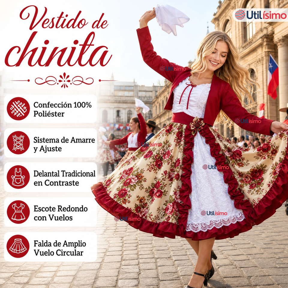 Vestido Chinita Huasa Mujer 2 Piezas Burdeo Floreado Cueca Fiestas Patrias