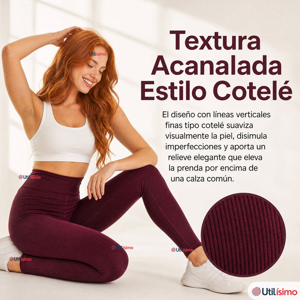 Calza Acanalada Cotelé Polar Con Chiporro Térmica Mujer Elásticada Burdeo