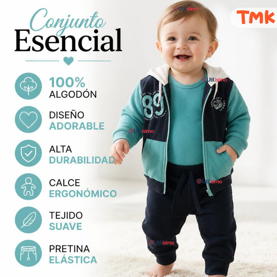 Conjunto 2 Piezas Polerón con Capucha y Pantalón 100% Algodón Bebé Niño 89 Blue