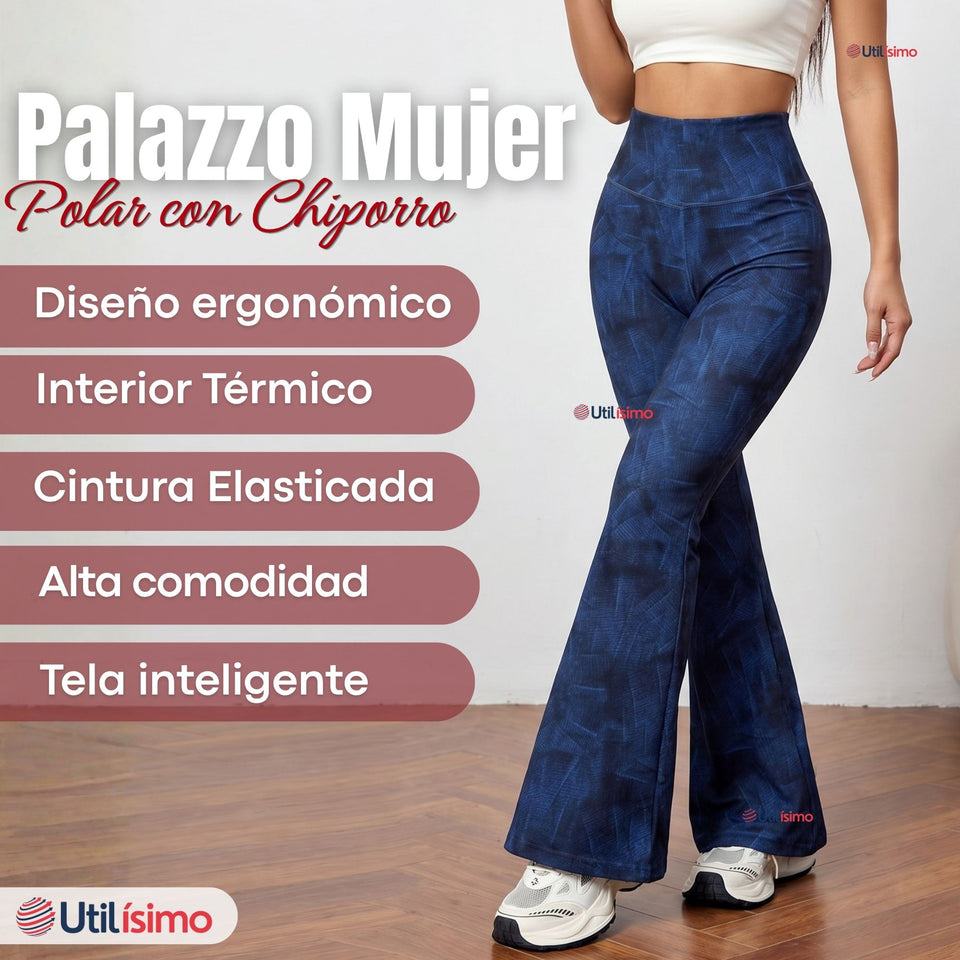 Calza Polar Con Chiporro Palazzo Mujer Elasticada Térmica Azul
