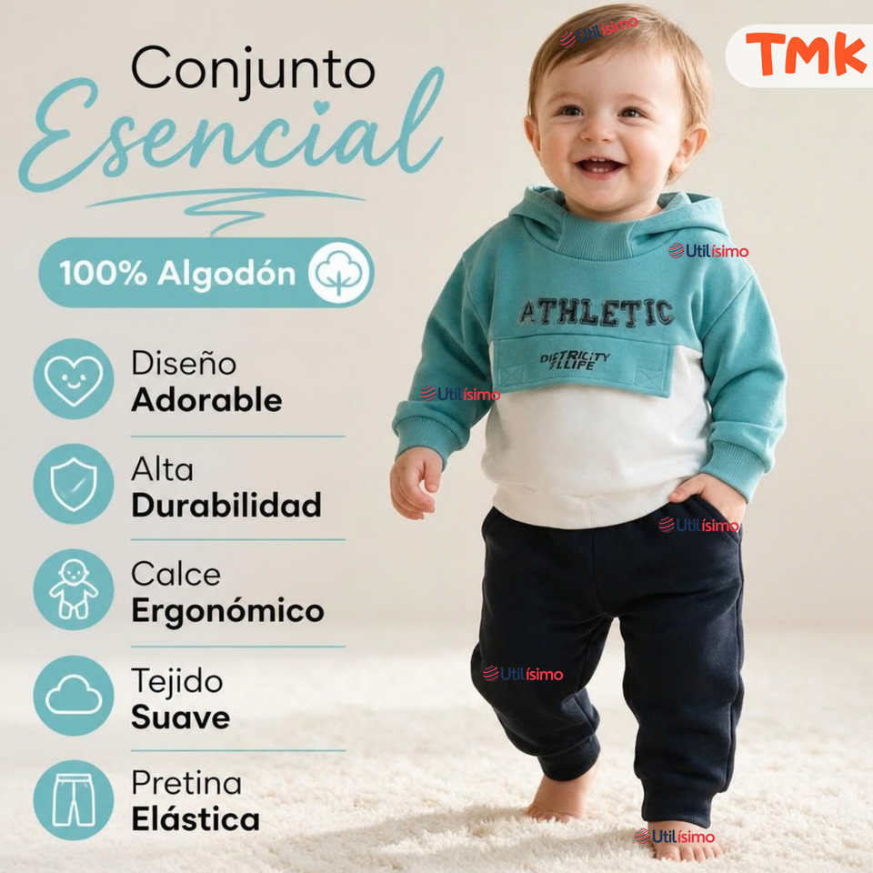 Conjunto 2 Piezas Polerón con Capucha y Pantalón 100% Algodón Bebé Niño Athletic Blue