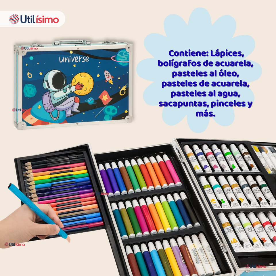 Set 145 Piezas Arte Infantil Dibujo Maletín Metálico Completo Incluye Lápices Marcadores Pinturas Pasteles Y Accesorios
