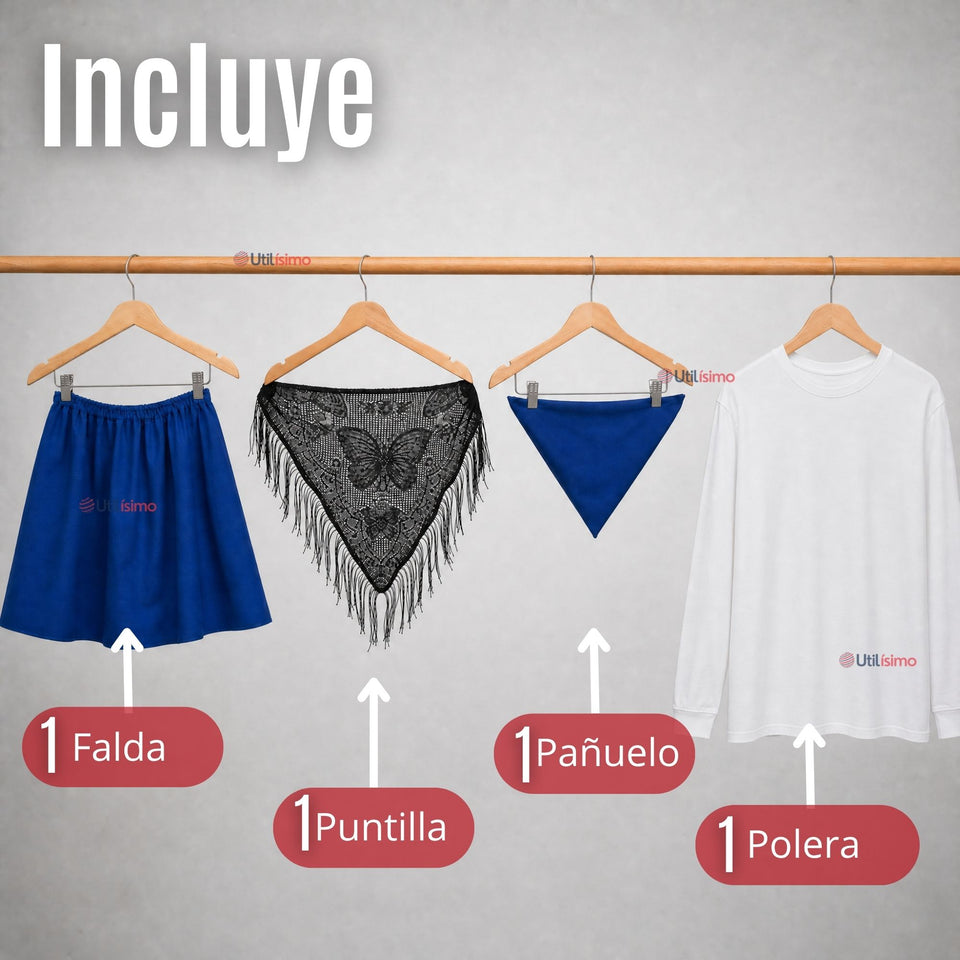 Traje Chilote Juvenil Azul Fiestas Patrias Con Polera 4 Piezas Tradicional Chilota