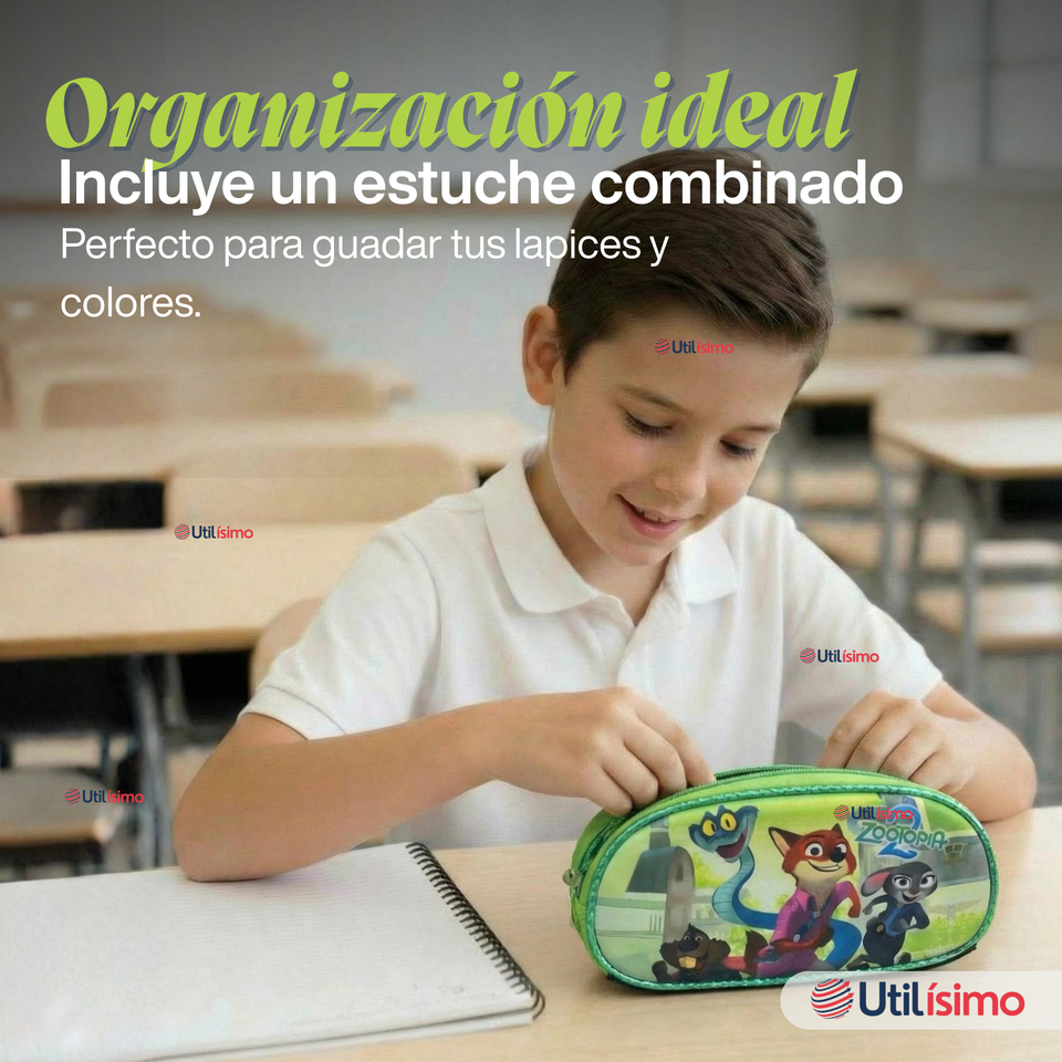 Mochila Escolar Zootopia Con Ruedas Desmontables + Estuche + Lonchera Niño Poliéster