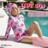 Traje de Baño Enterito Cremallera Manga Larga Con Gorro Niña 1 a 6 años Pink Flowers