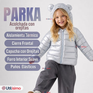 Parka Bebé Niña Gris Metálica Térmica Acolchada Con Orejitas Gray Shiny