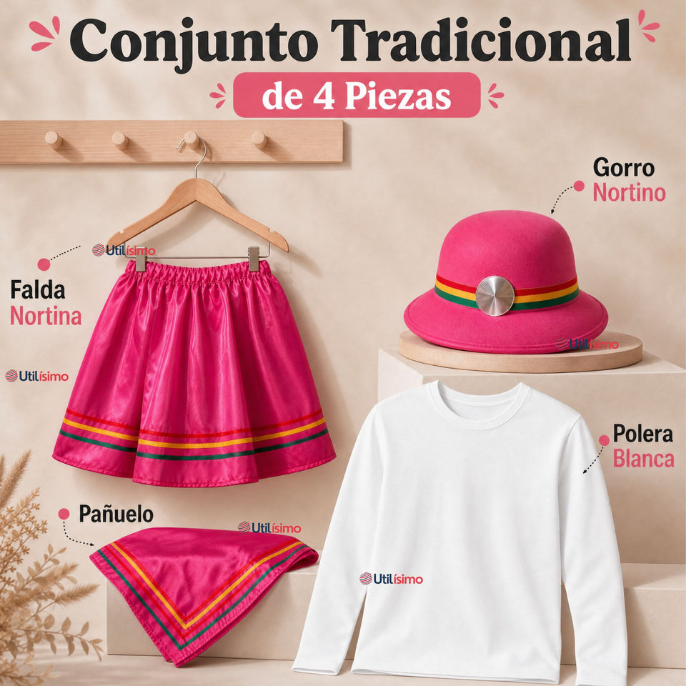Traje Nortino Niña Fucsia 4 Piezas Con Polera Baile Típico Fiestas Patrias