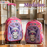 Mochila Escolar Kuromi 3D Con Ruedas Desmontable + Estuche + Lonchera Poliéster Morado Niña