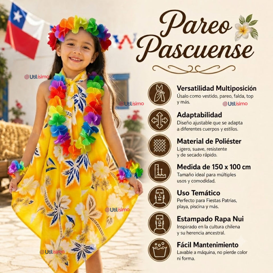 Traje Páscuense Pareo Hawaiano Amarillo Niña Con Accesorios