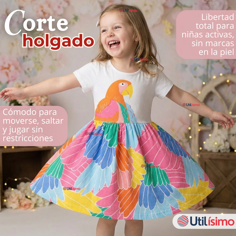 Vestido Manga Corta Casual Loro Multicolor Verano Niña 2 a 7 años
