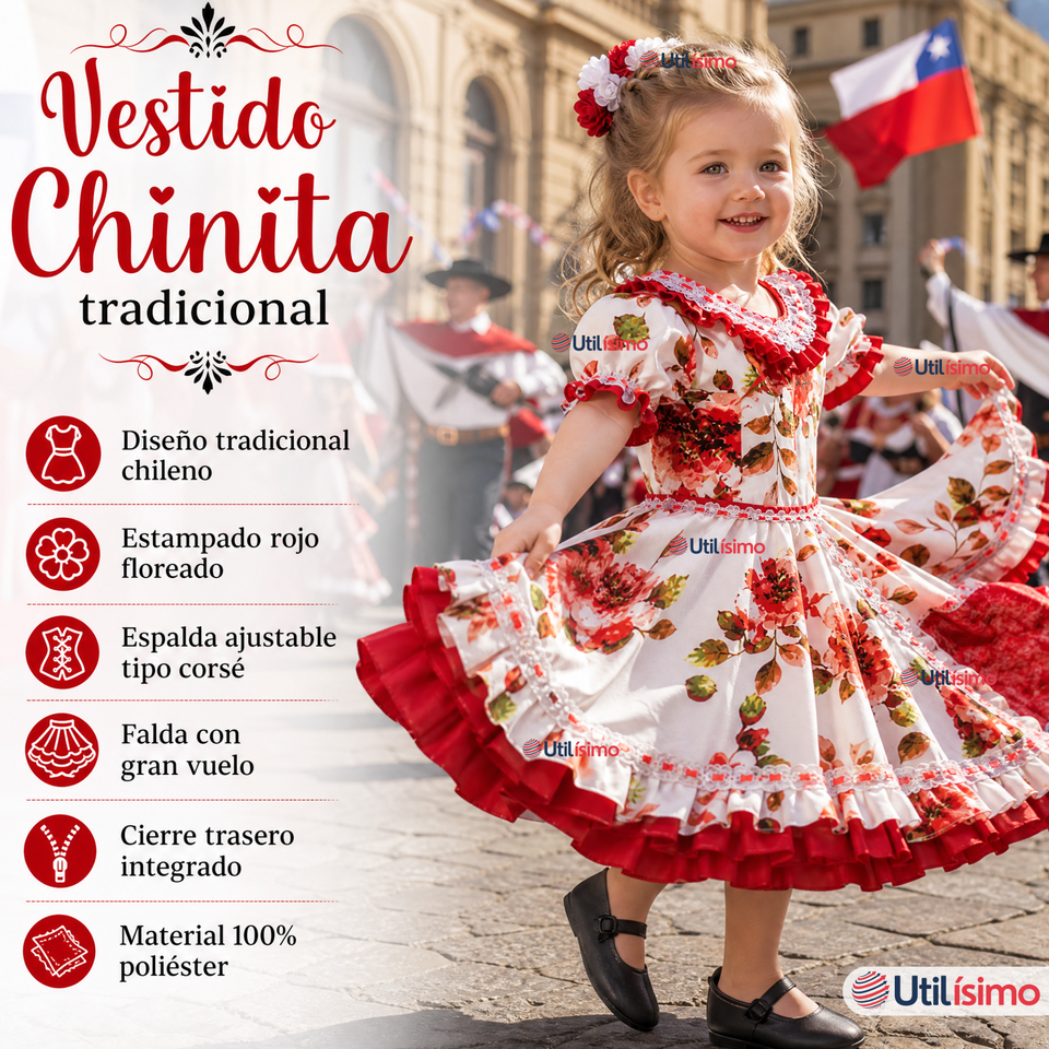 Vestido Chinita Huasa Niña Rojo Floreado Cueca Fiestas Patrias