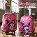Mochila Escolar Kuromi 3D Con Ruedas Desmontable + Estuche + Lonchera Poliéster Rosa Niña