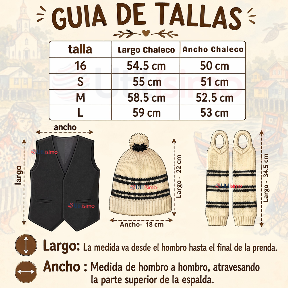 Vestimenta Chilote 3 Piezas Chaleco Gorro Polainas Hombre Fiestas Patrias