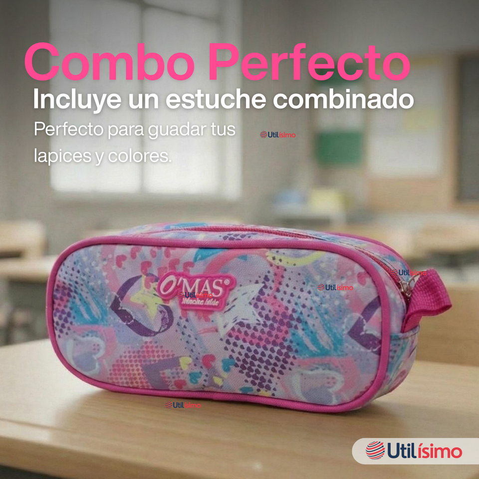 Mochila Bolso Escolar + Estuche + Lonchera 43Cm Niña Tela Oxford Pastel Dreams