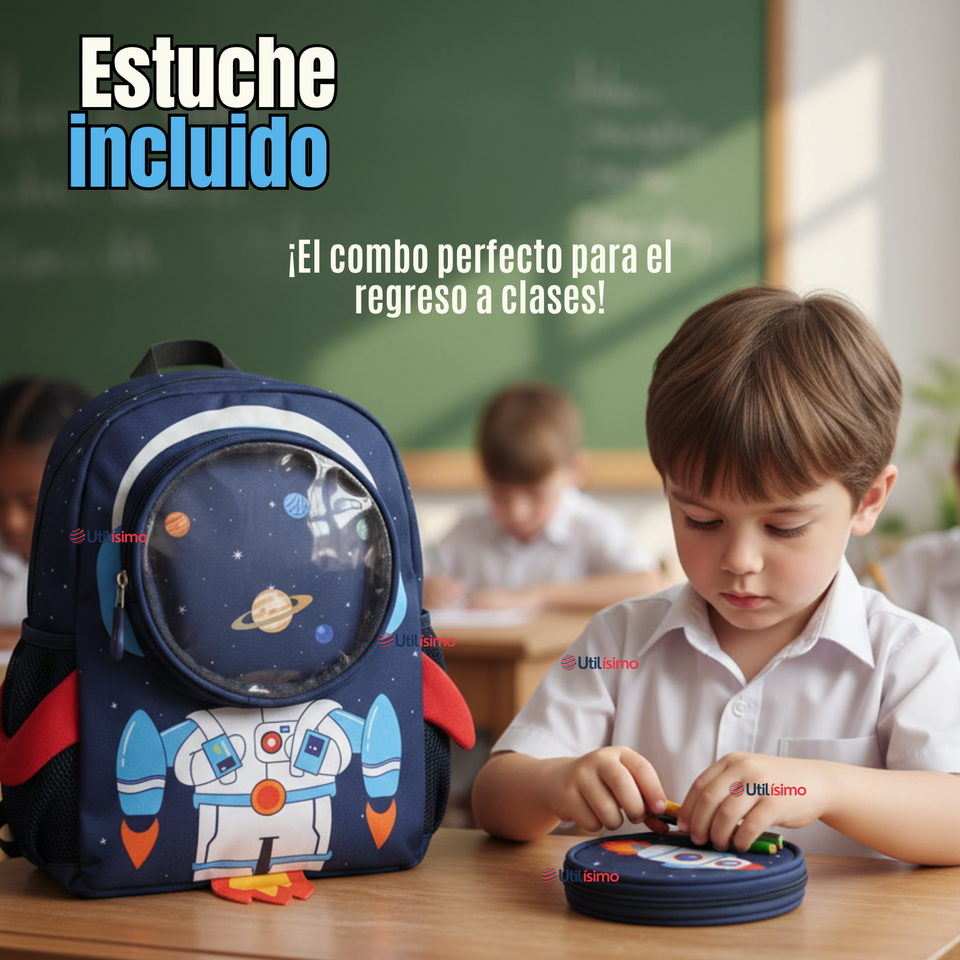 Mochila Escolar Con Estuche 33cm Poliéster Impermeable Astronauta Niño