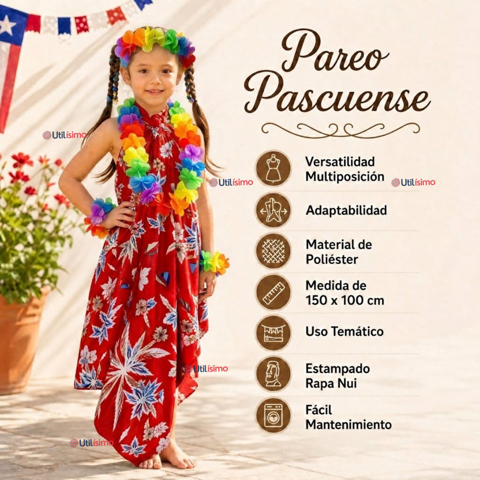 Pack 3 Trajes Páscuense Pareo Hawaiano Rojo Niña Con Accesorios