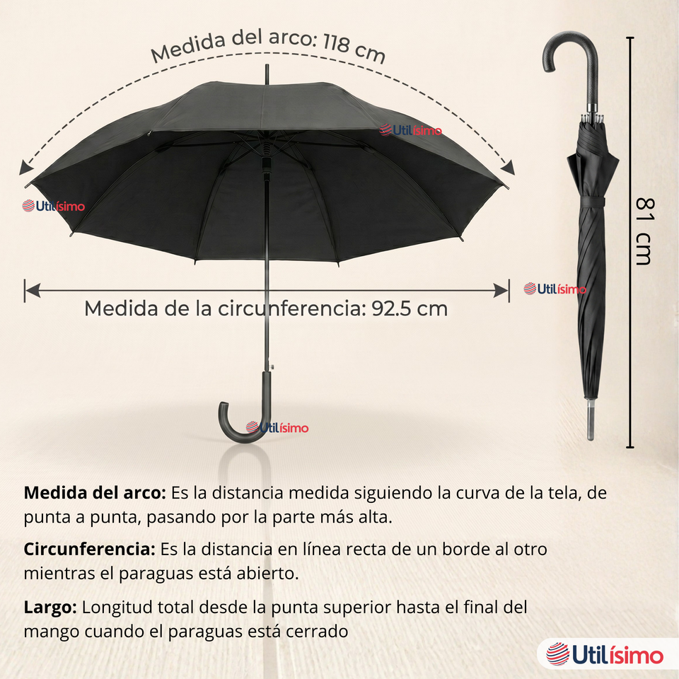 Paraguas Mate Grande 92,5 Cm Sombrilla Automática Mango Largo Negro
