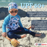 Traje de Baño Con Gorro Pantalón Largo 3 Piezas Corte Split Manga Larga Niño 3 a 11 años White Shark