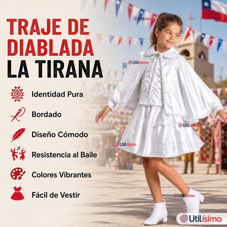 Traje Tirana Diablada Blanco 3 Piezas Niña Baile Típico Fiestas Patrias