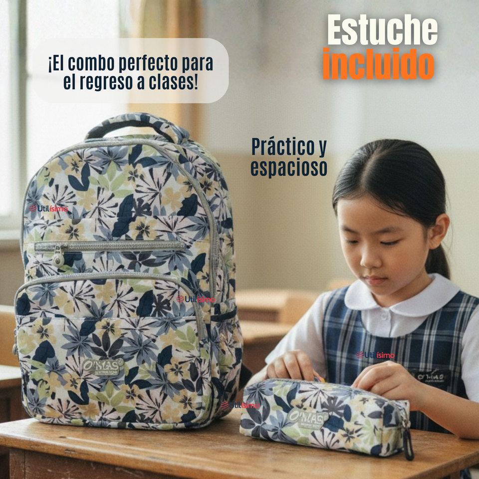 Mochila Escolar Con Estuche 46cm Poliéster Impermeable Niña Juvenil