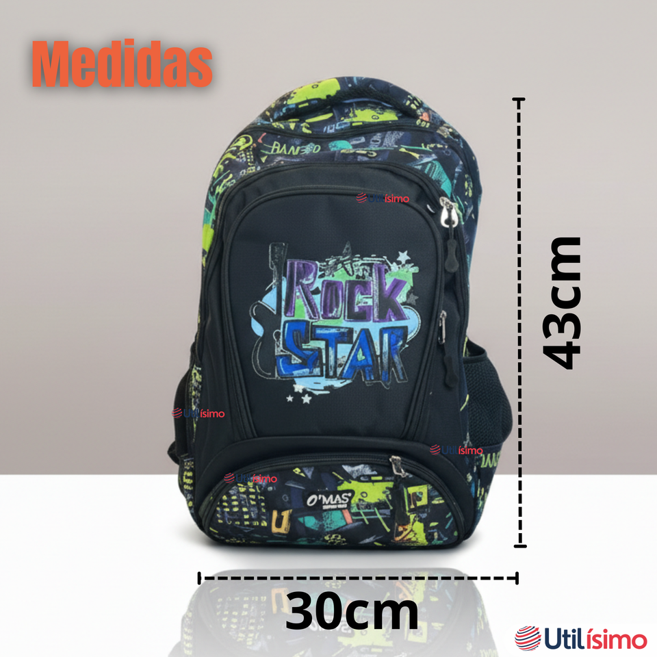 Mochila Escolar Kit Con Estuche y Lonchera 43cm Tela Oxford Rock Star Niño