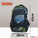Mochila Escolar Kit Con Estuche y Lonchera 43cm Tela Oxford Rock Star Niño