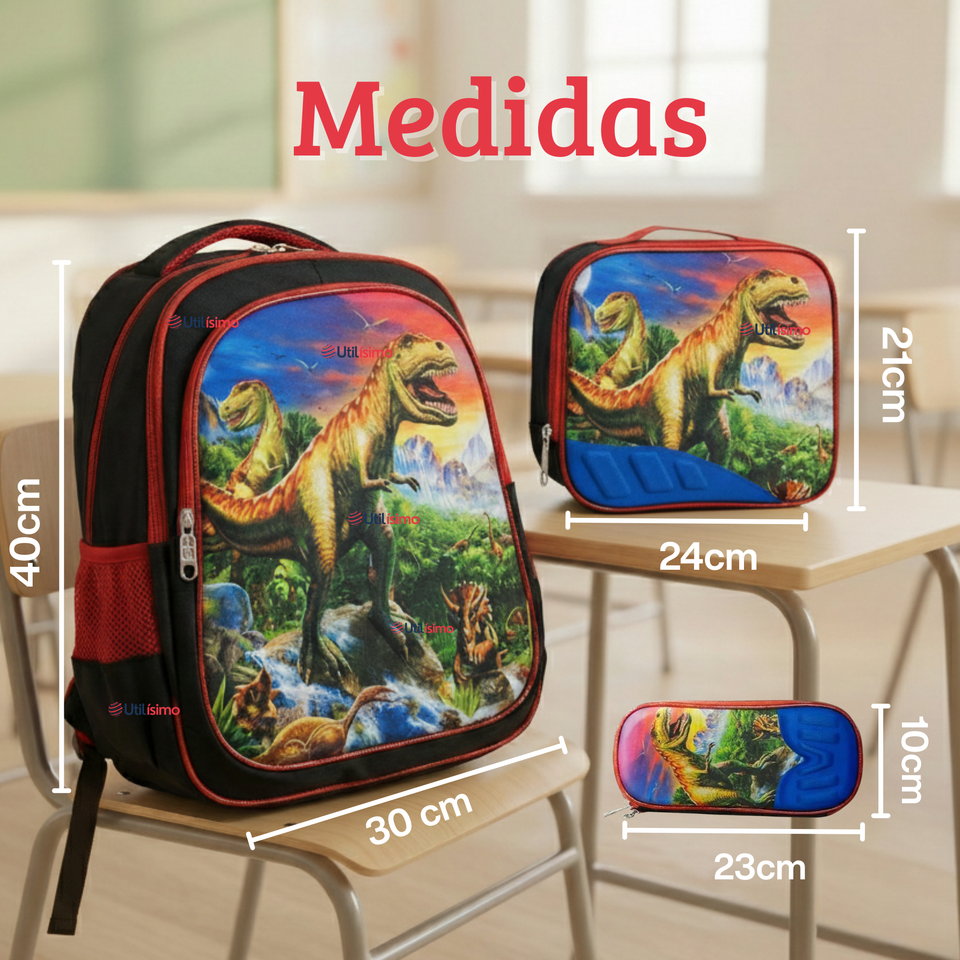 Mochila Escolar Con Ruedas Desmontables Diseño 3D + Estuche + Lonchera Niño Poliéster Dinosaur