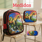 Mochila Escolar Con Ruedas Desmontables Diseño 3D + Estuche + Lonchera Niño Poliéster Dinosaur