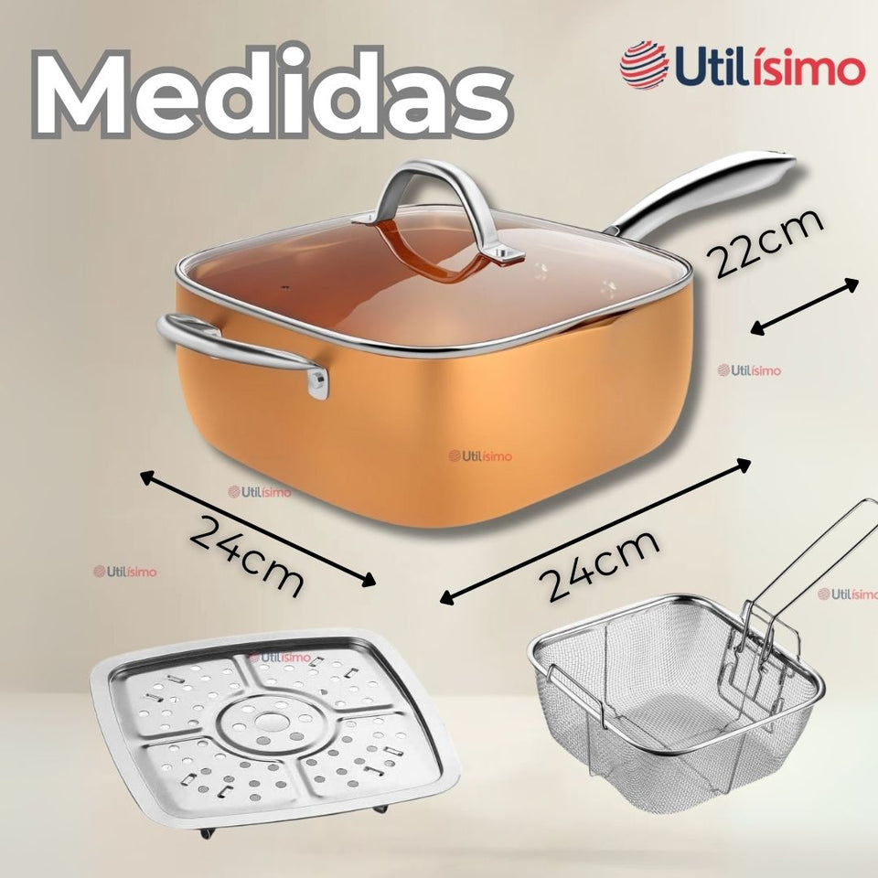 Sartén Antiadherente De Cobre Multiuso 3 en 1 Cesta Para Freír Vaporera