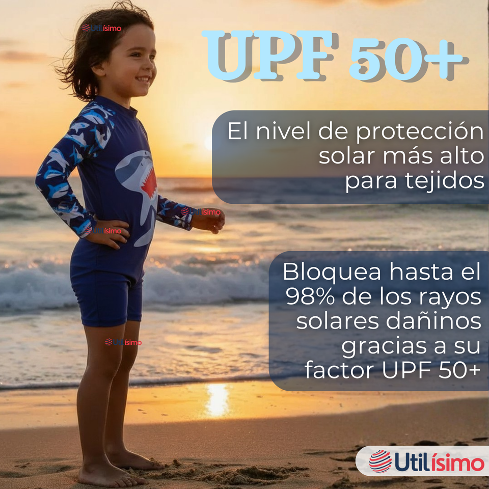 Traje de Baño Enterito Con Cremallera Manga Larga Niño 2 a 6 años Blue Shark