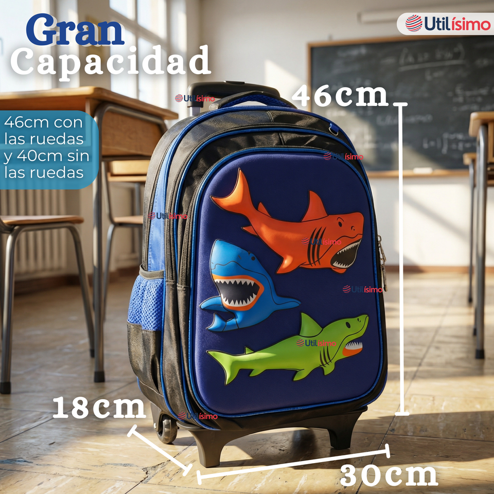 Mochila Escolar Con Ruedas + Estuche + Lonchera 46cm Desmontable Poliéster Azul Tiburón Niño