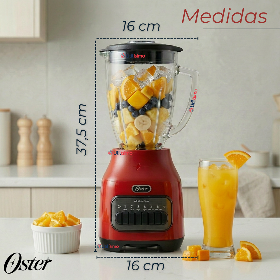 Licuadora Oster® con vaso de vidrio y 6 velocidades más pulso 800 Watts 1,5Litros