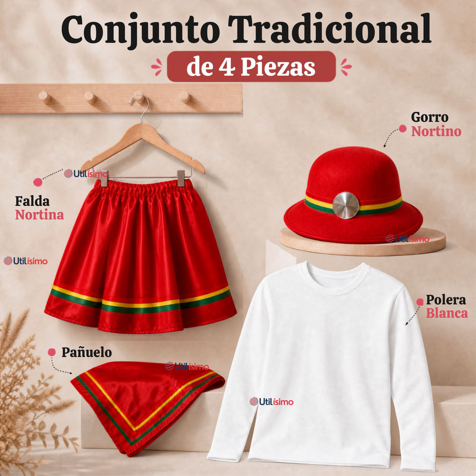 Traje Nortino Juvenil Con Polera 4 Piezas Rojo Baile Típico Fiestas Patrias