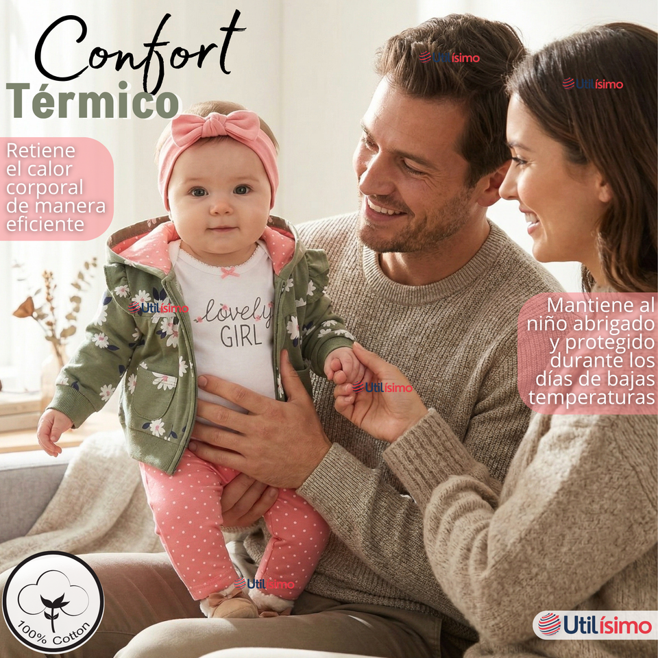 Conjunto 3 Piezas Buzo Pantalón Polerón Body De Algodón Verde Flores Bebé Niña
