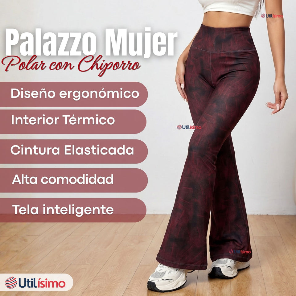 Calza Polar Con Chiporro Palazzo Mujer Elasticada Térmica Burdeo