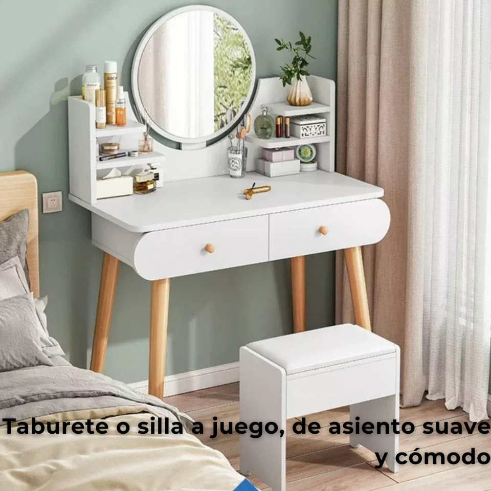 Peinadora Tocador De Madera Con Espejo y luz Incluye Taburete