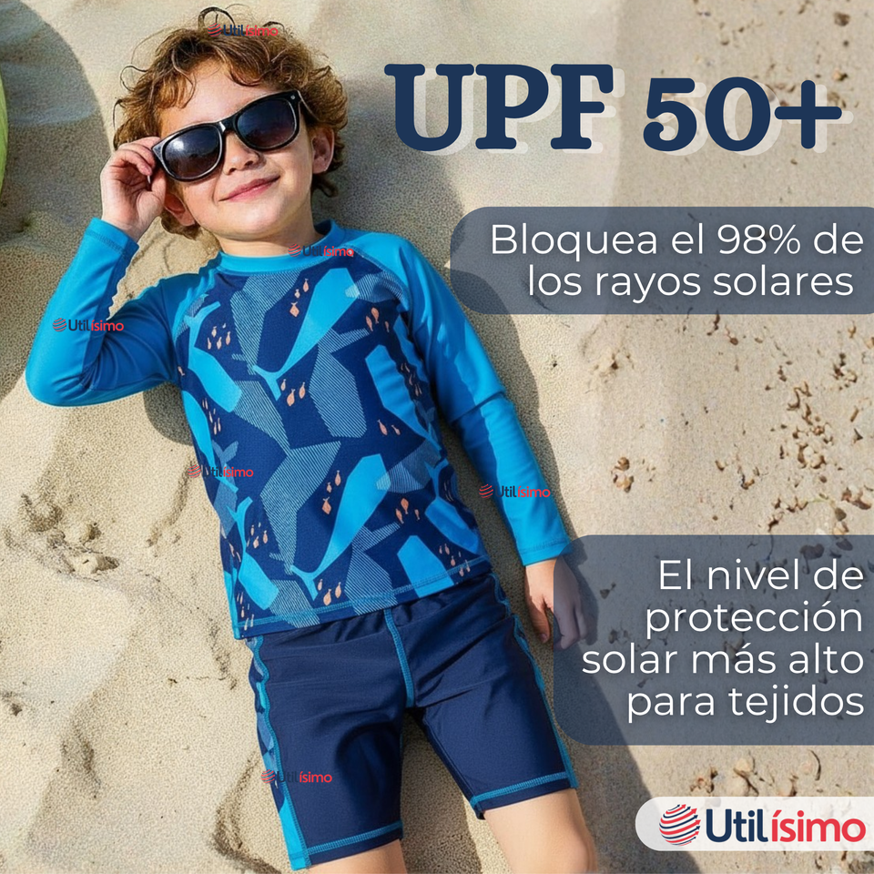 Traje de Baño Manga Larga Pantalón Corto 2 Piezas Corte Split Niño 3 a 9 años Blue