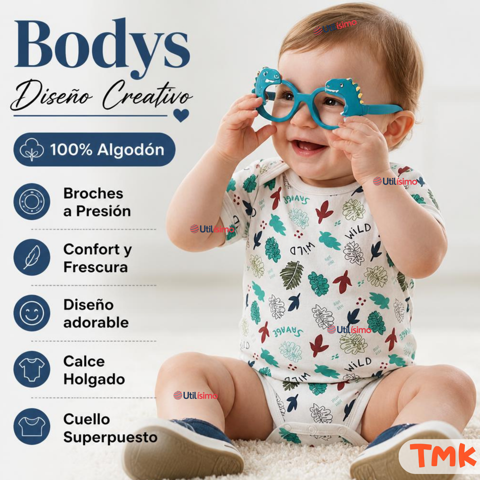 Pack 5 Bodys Manga Corta %100 Algodón Tedmimak Niño Blue Croc Jungle