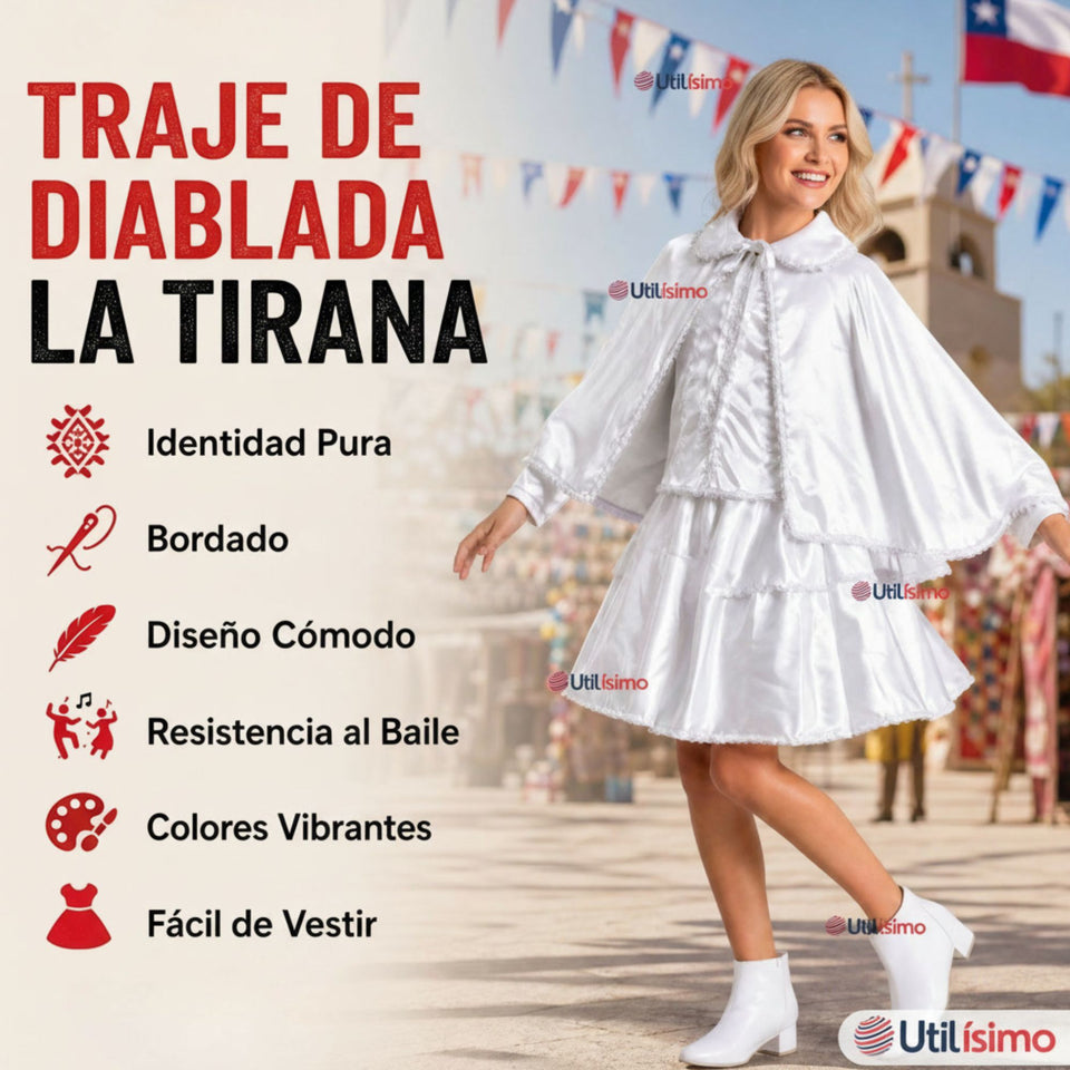 Traje Tirana Diablada Blanco 3 Piezas Mujer Baile Típico Fiestas Patrias