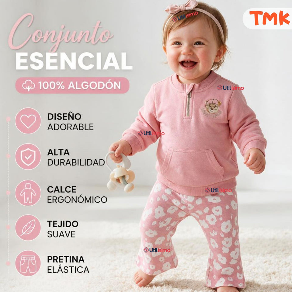 Conjunto 2 Piezas Polerón y Pantalón Buzo 100% Algodón Bebé Niña Tedmimak Beautiful flowers